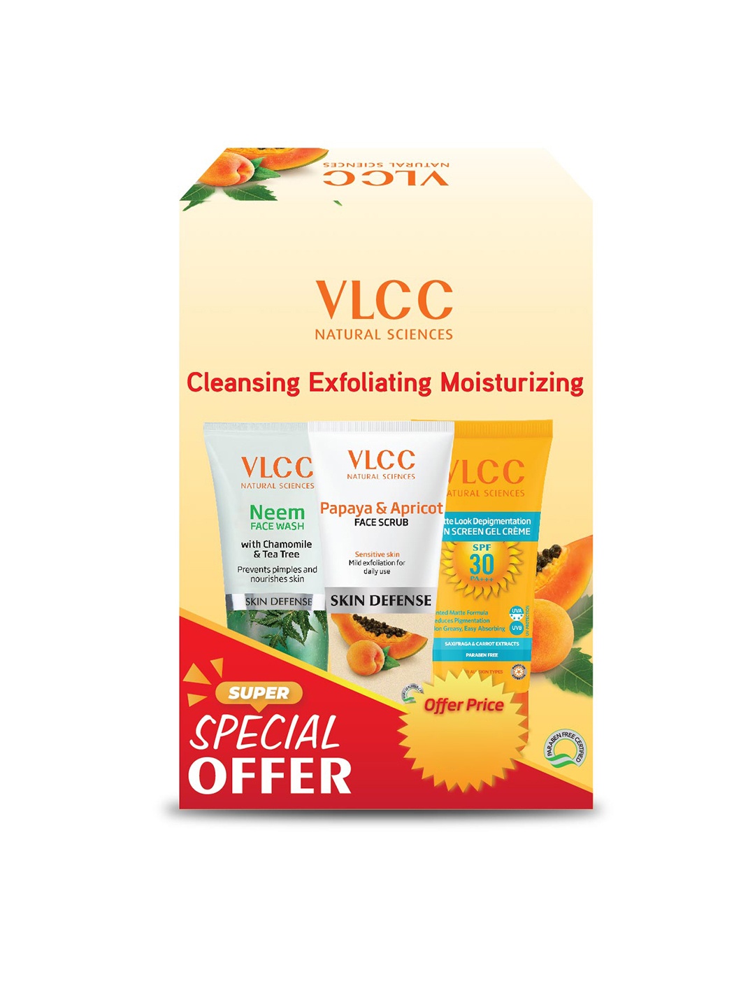 

VLCC Set of Neem Face Wash, Papaya & Apricot Face Scrub & Matte Look SPF30 Sunscreen, White