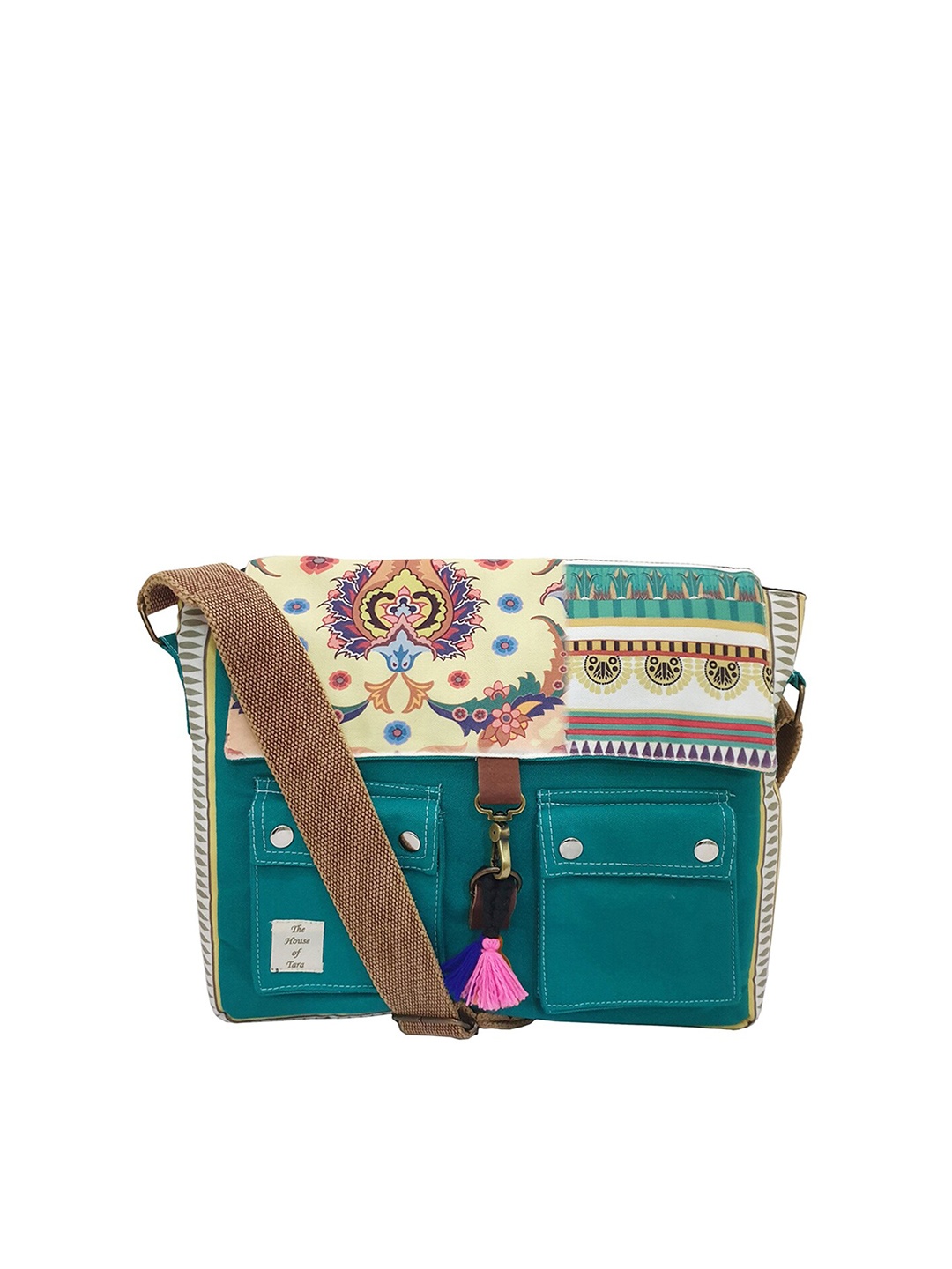 

The House of Tara Unisex Teal Green & Beige Printed Messenger Bag