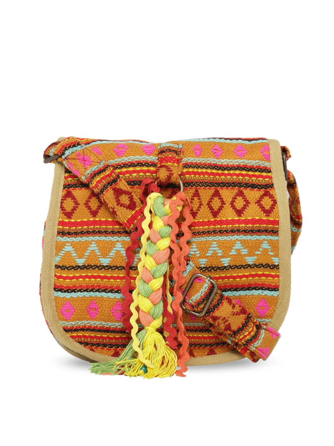 

The House of Tara Beige Geometric Structured Sling Bag with Tasselled Detail