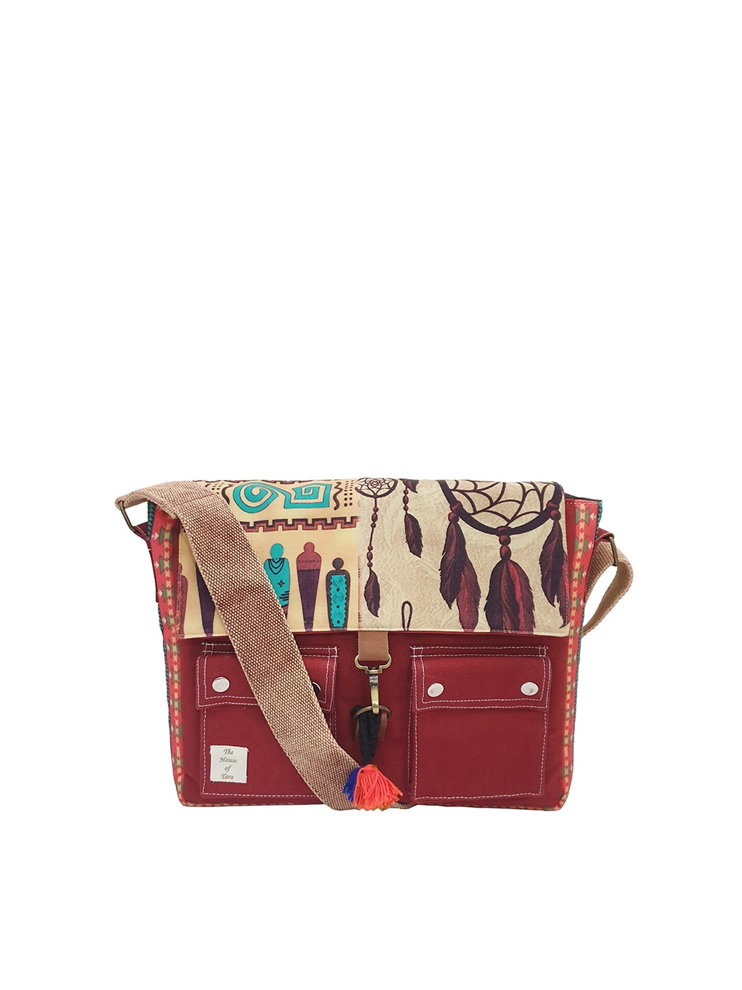 

The House of Tara Unisex Maroon & Beige Printed Messenger Bag