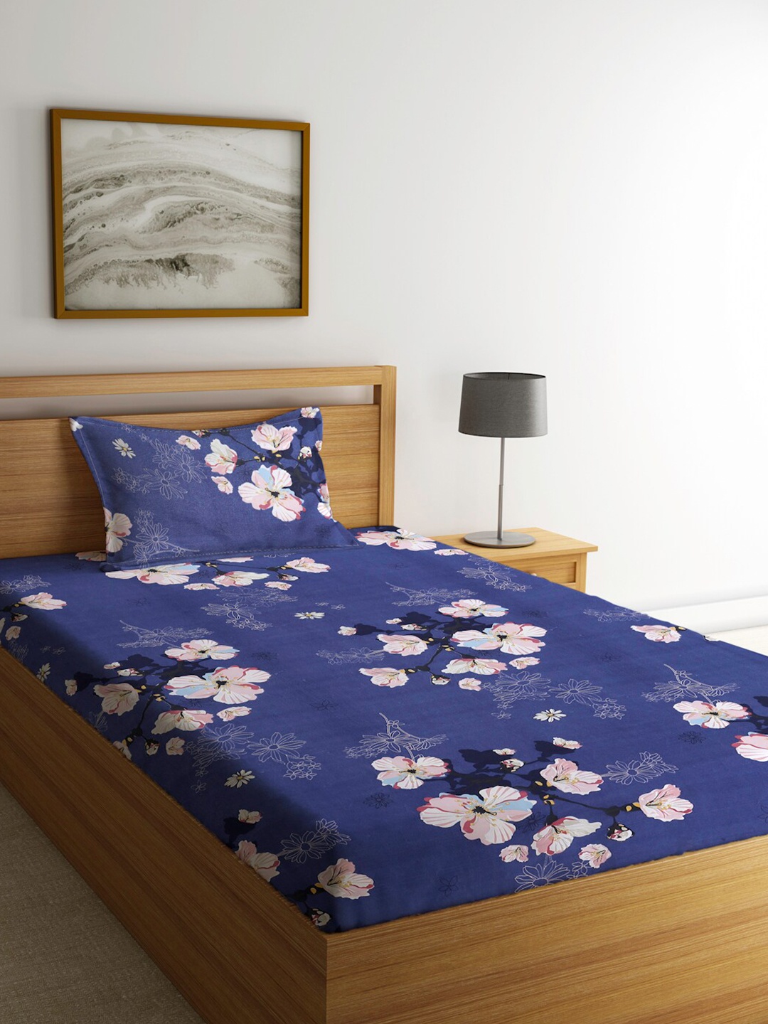 

Home Sizzler Blue & Pink Floral Printed 144 TC Single Bedsheet With 1 Pillow Covers