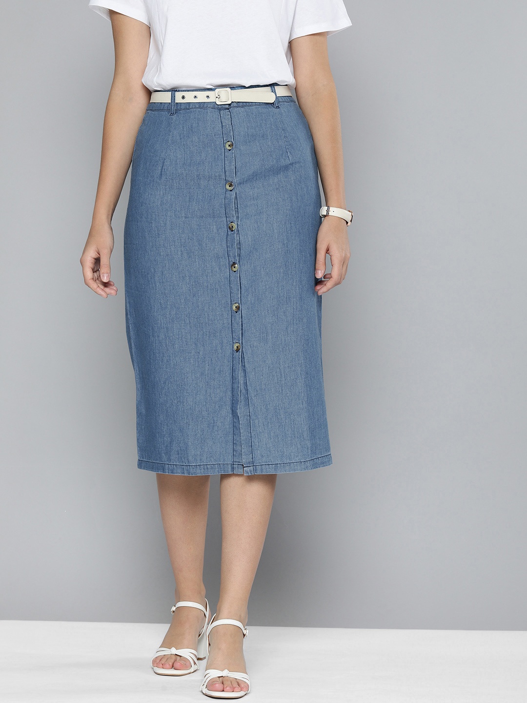 

Chemistry Women Blue Pure Denim Straight Midi Skirt
