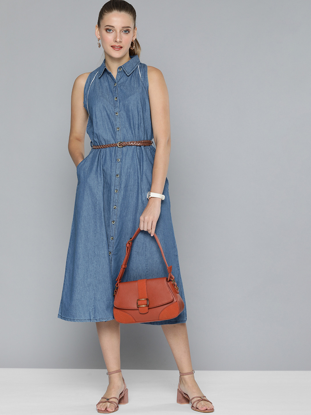 

Chemistry Women Blue Solid Sleeveless Shirt Midi Denim Dress Comes With A Belt
