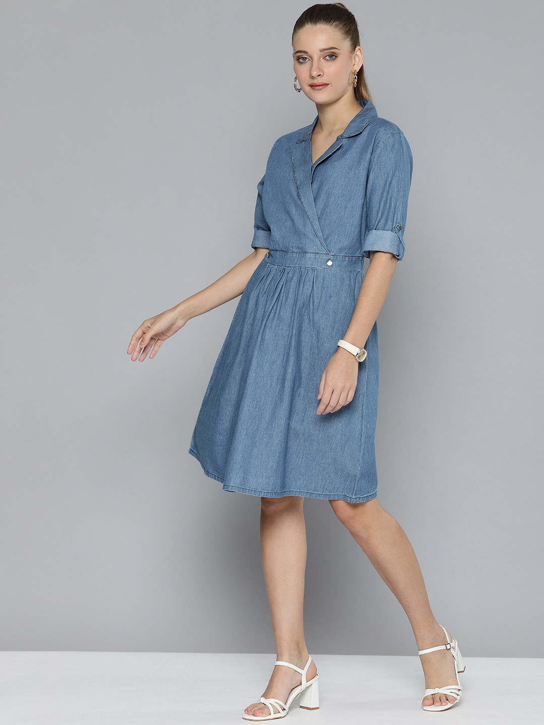 

Chemistry Women Blue Solid Shirt-Collar Pure Cotton Fit And Flare Denim Dress