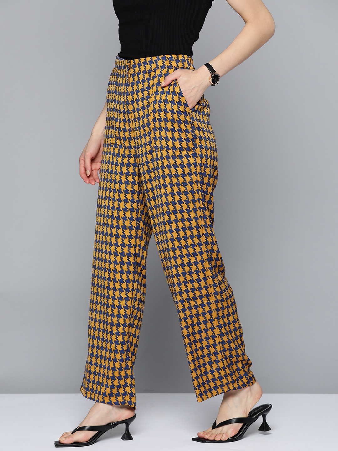 

Chemistry Women Mustard Yellow & Blue Printed Trousers