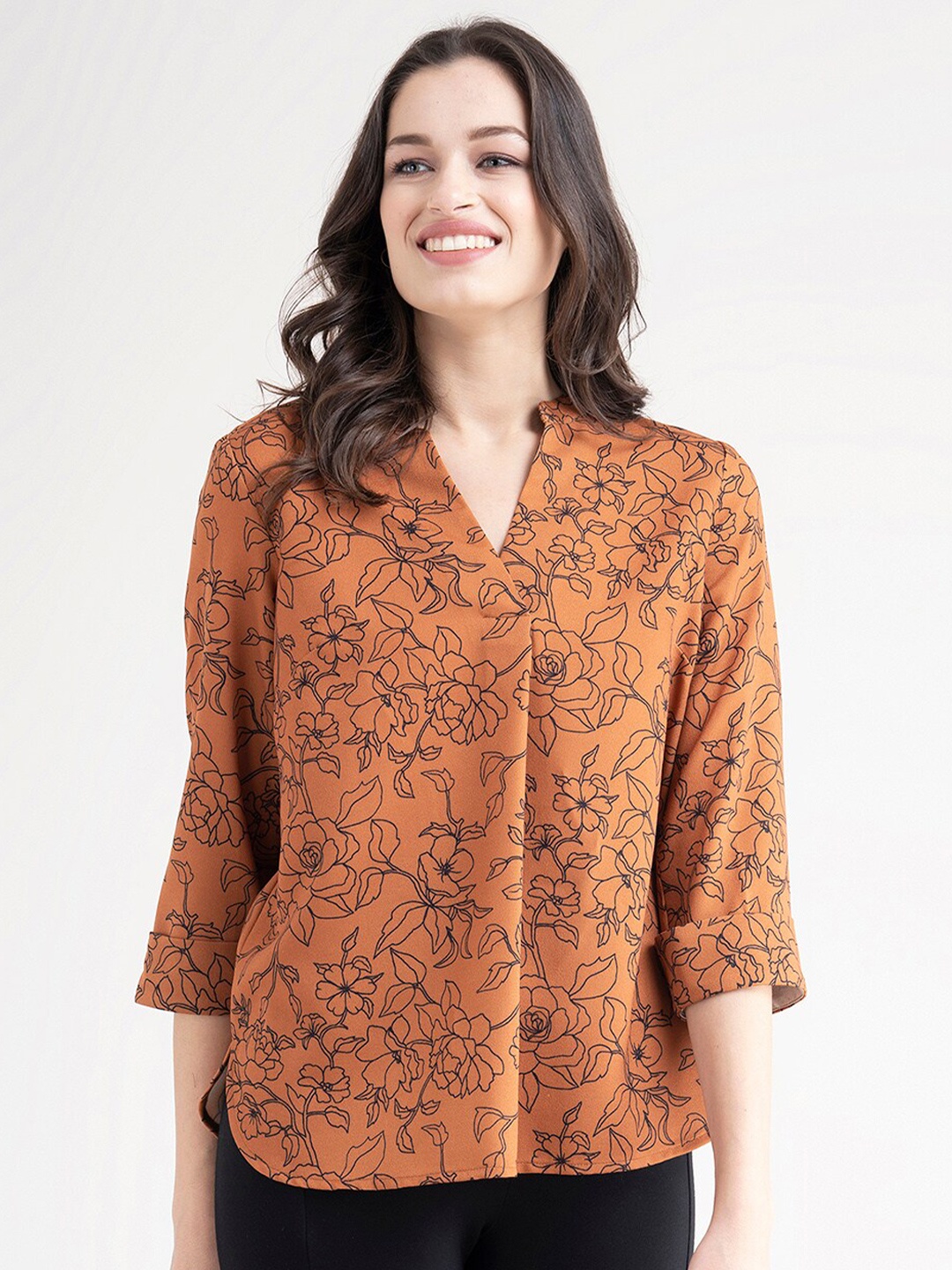 

FableStreet Women Rust Floral Print Shirt Style Top