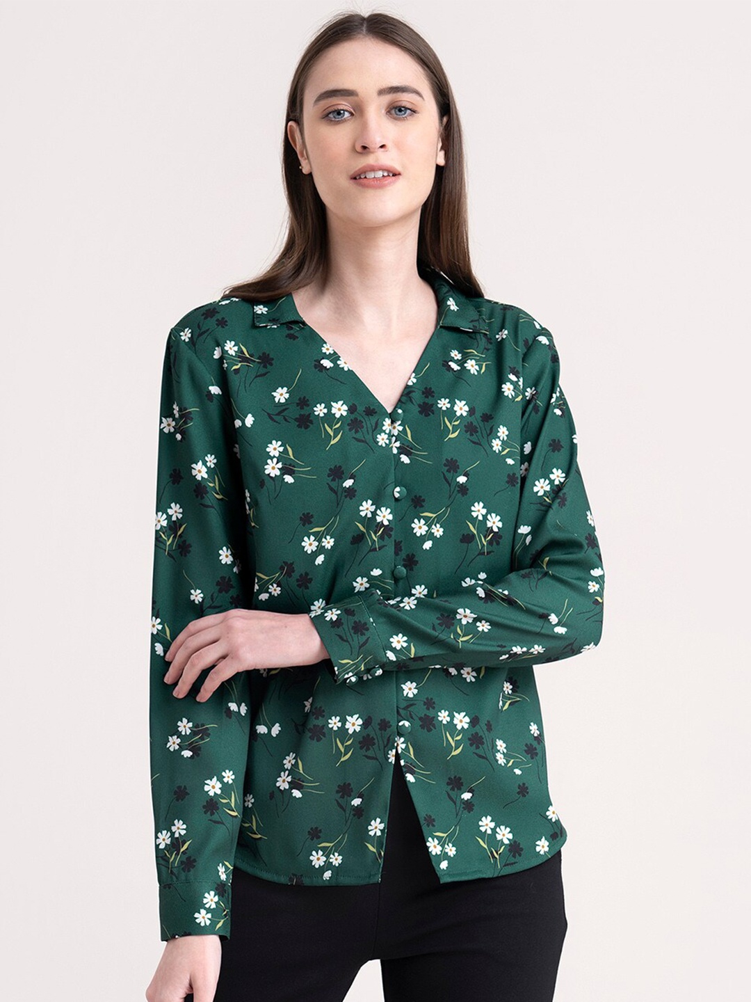 

FableStreet Green Floral Printed Shirt Style Top