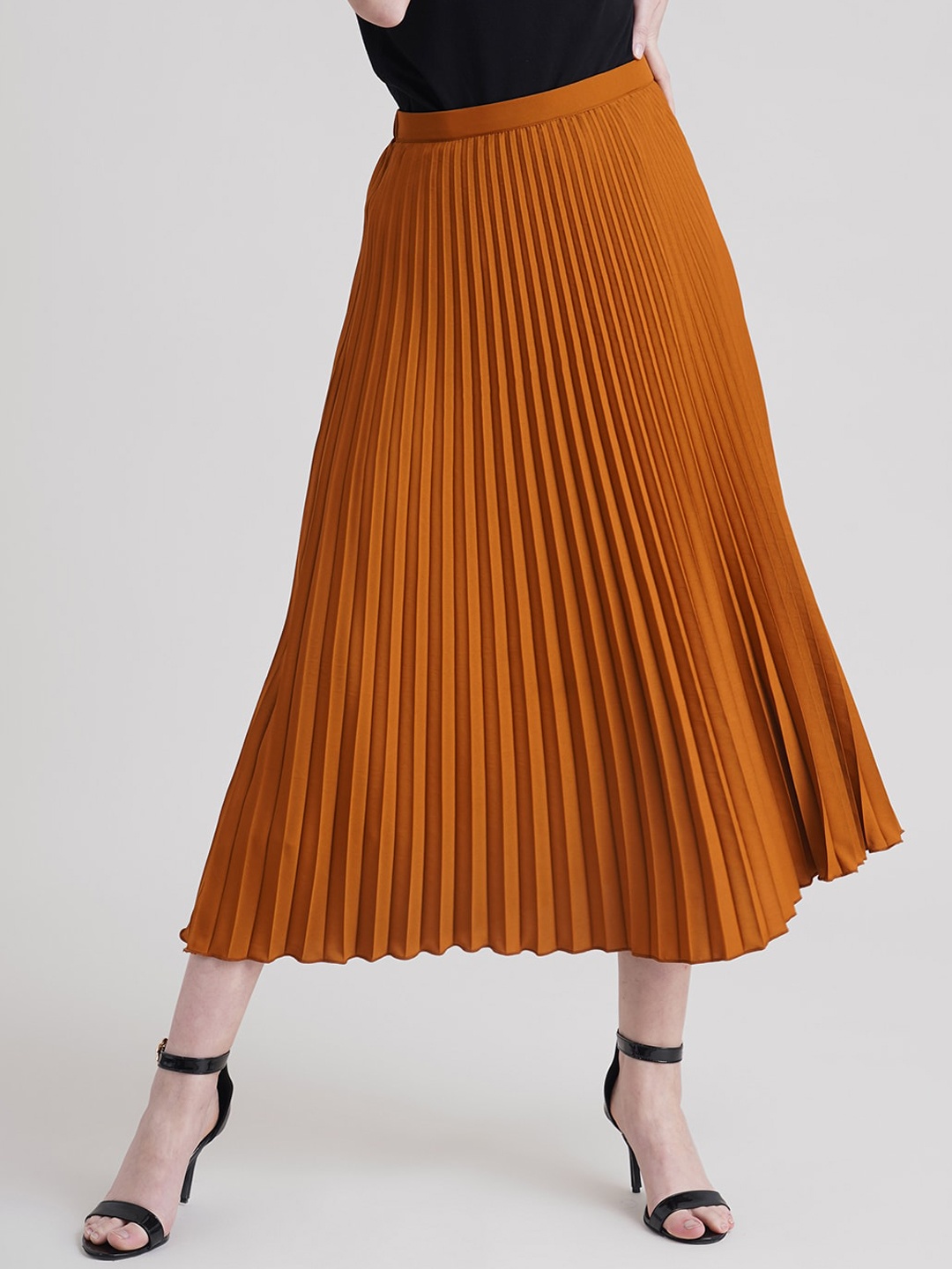 

FableStreet Women Brown Solid Accordion Pleated Midi Skirt