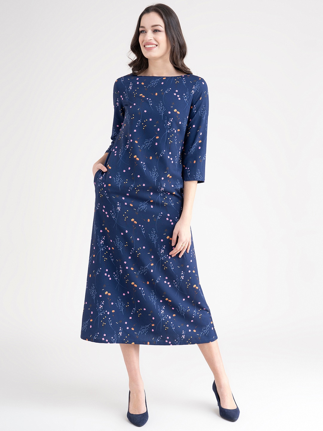 

FableStreet Navy Blue Floral Formal A-Line Midi Dress