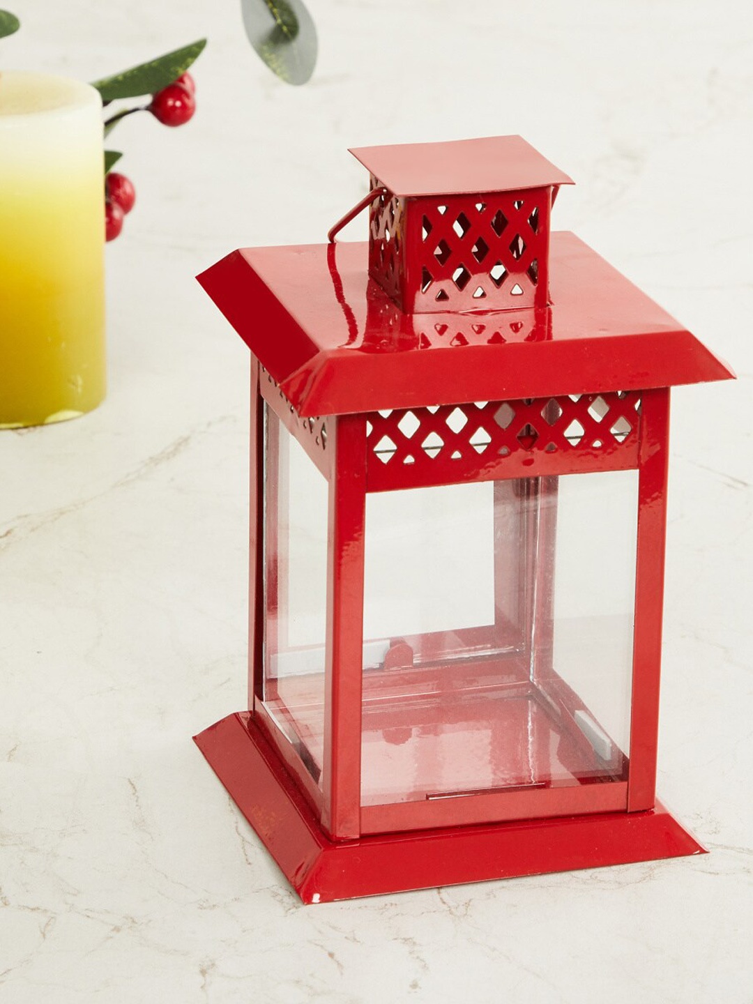 

Home Centre Red Solid Metal Cutwork Lantern Showpiece