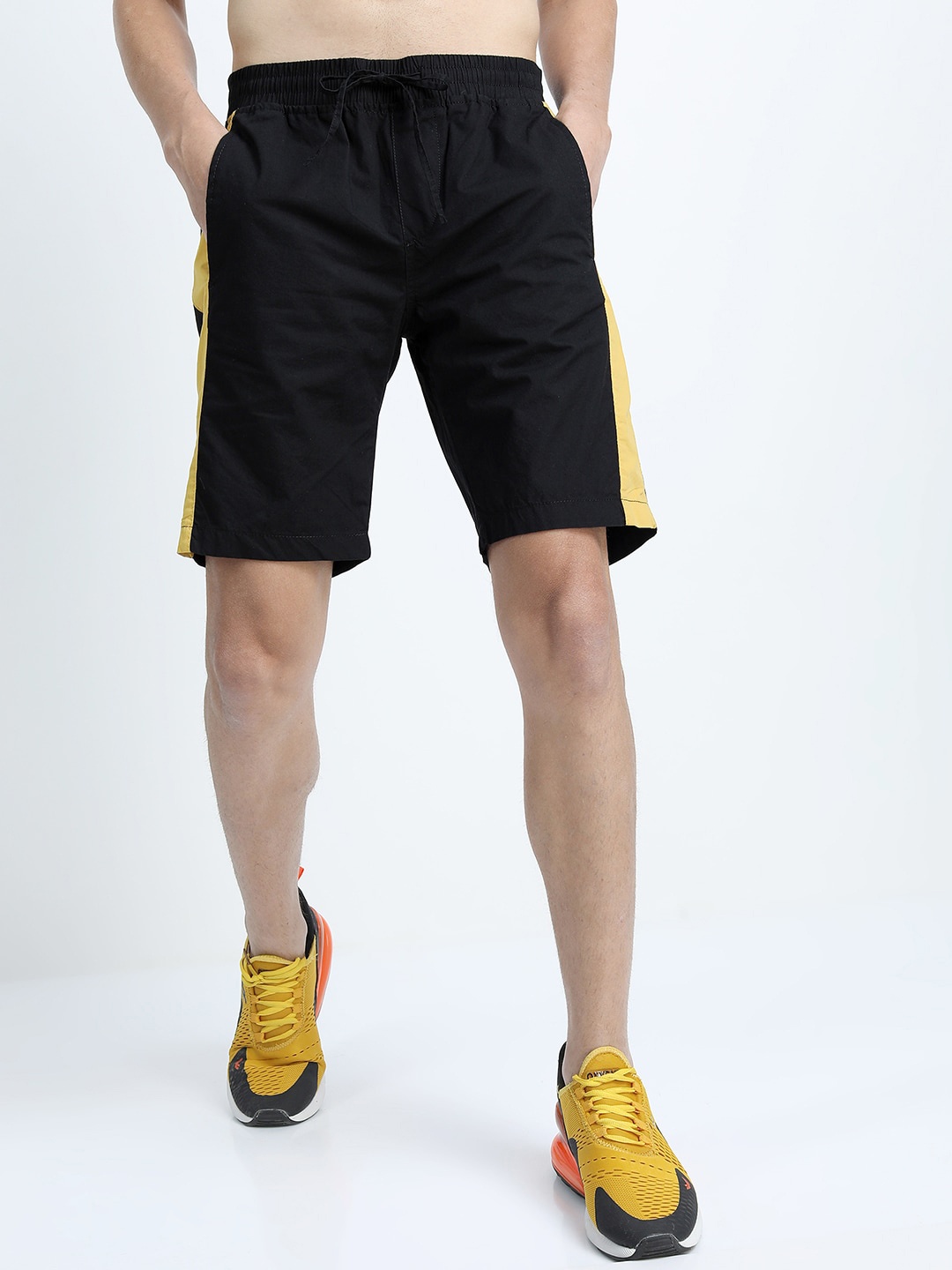 

HIGHLANDER Men Black & Yellow Slim Fit Cotton Sports Shorts