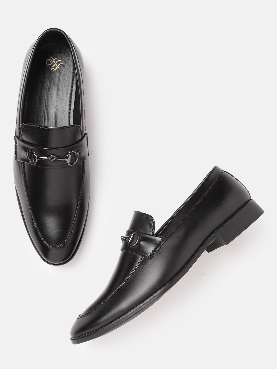 

House of Pataudi Men Black Solid Handcrafted Formal Horsebit Loafers