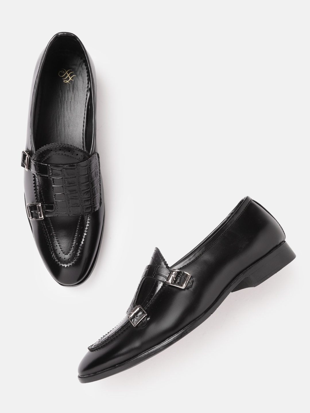 

House of Pataudi Men Black Croc Textured Handcrafted Semi Formal Monks