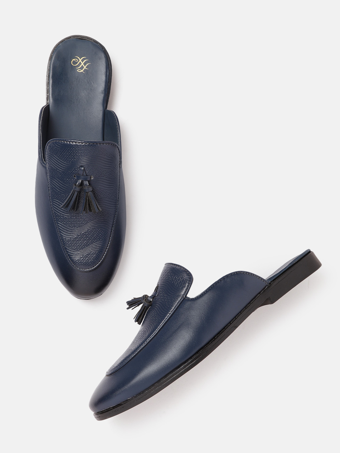 

House of Pataudi Men Navy Blue Textured Handcrafted Mules