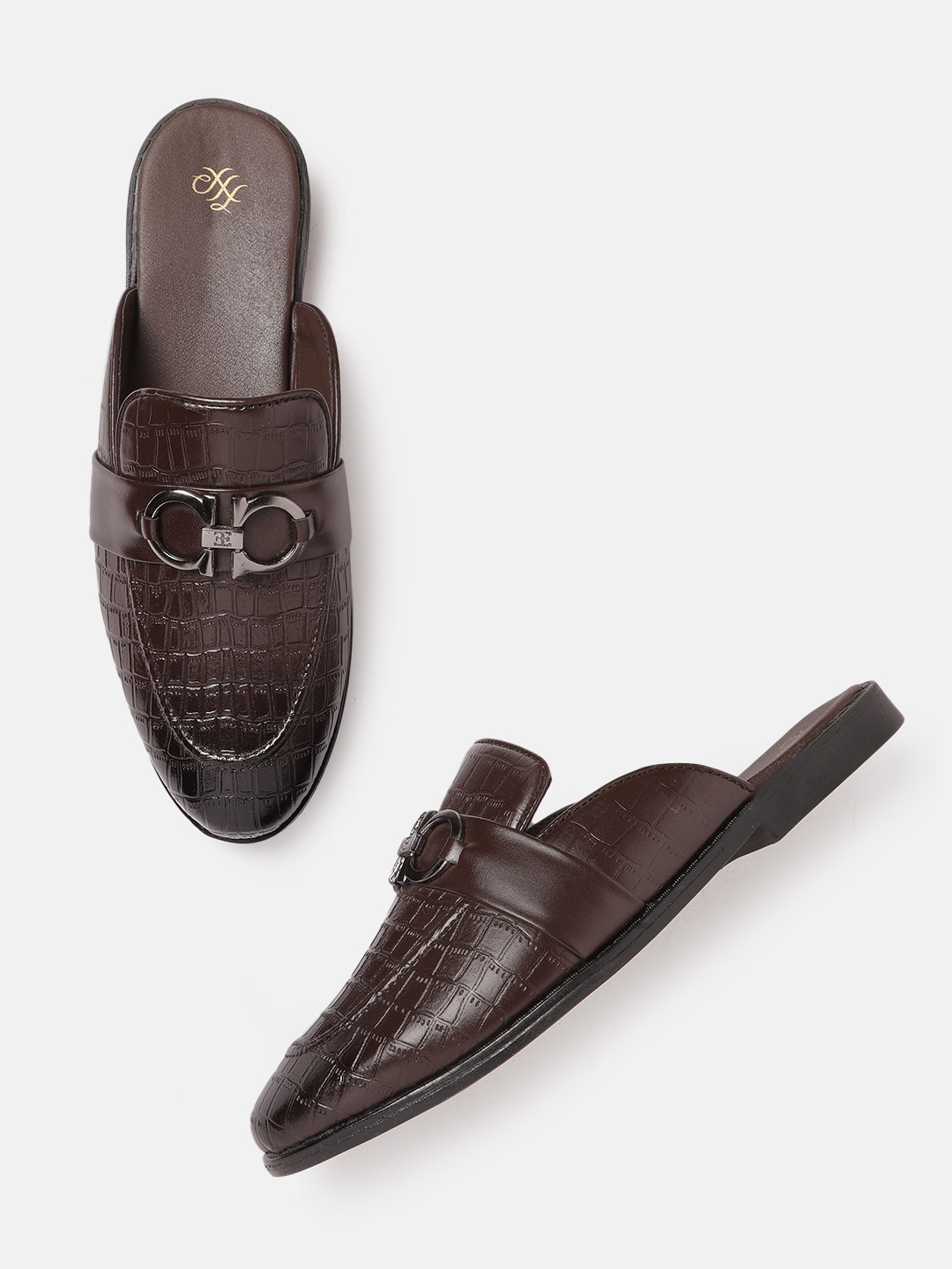 

House of Pataudi Men Coffee Brown Croc Textured Handcrafted Mules