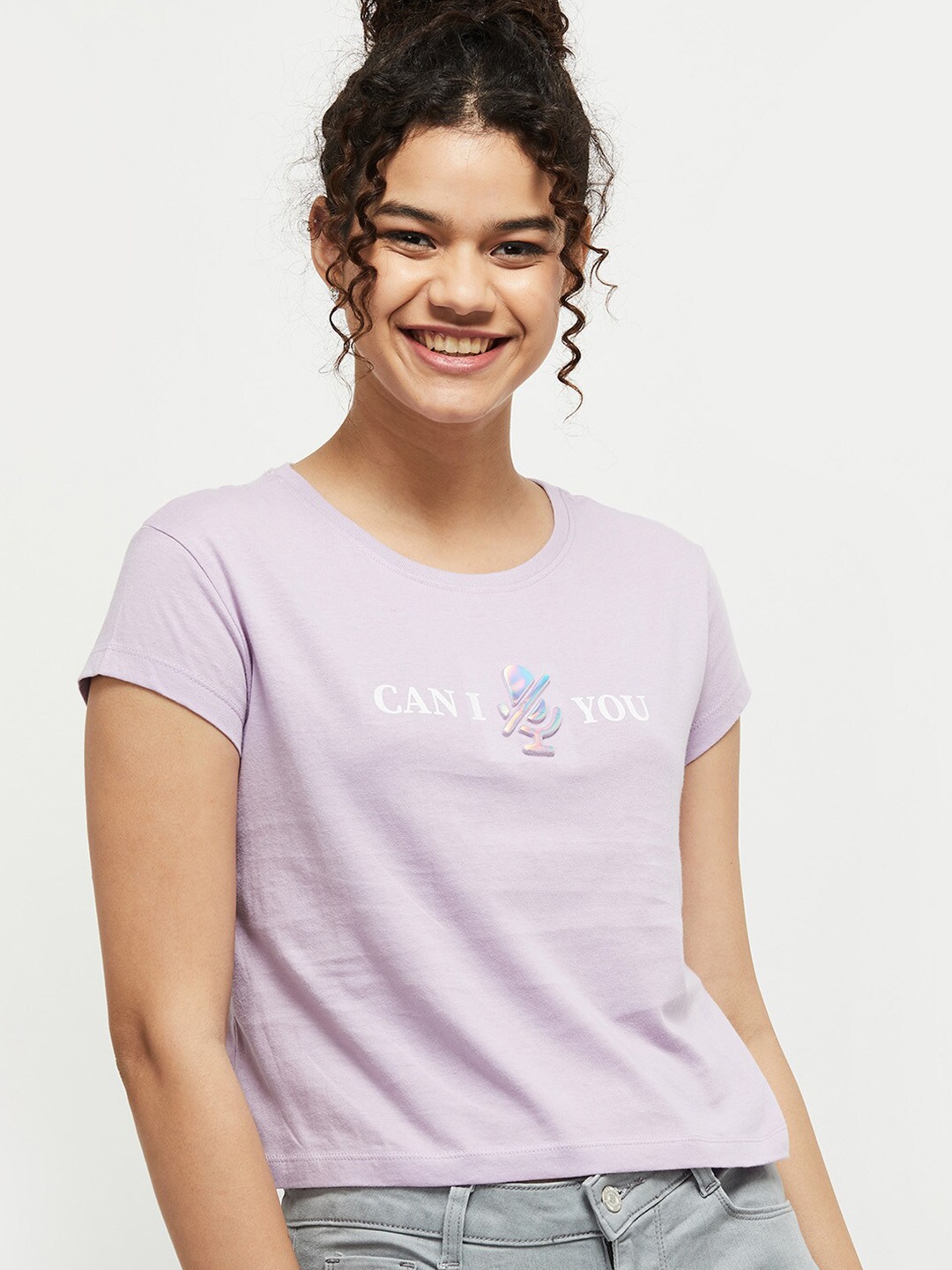 max Women Lavender Typography Printed Pure Cotton Cropped T-shirt