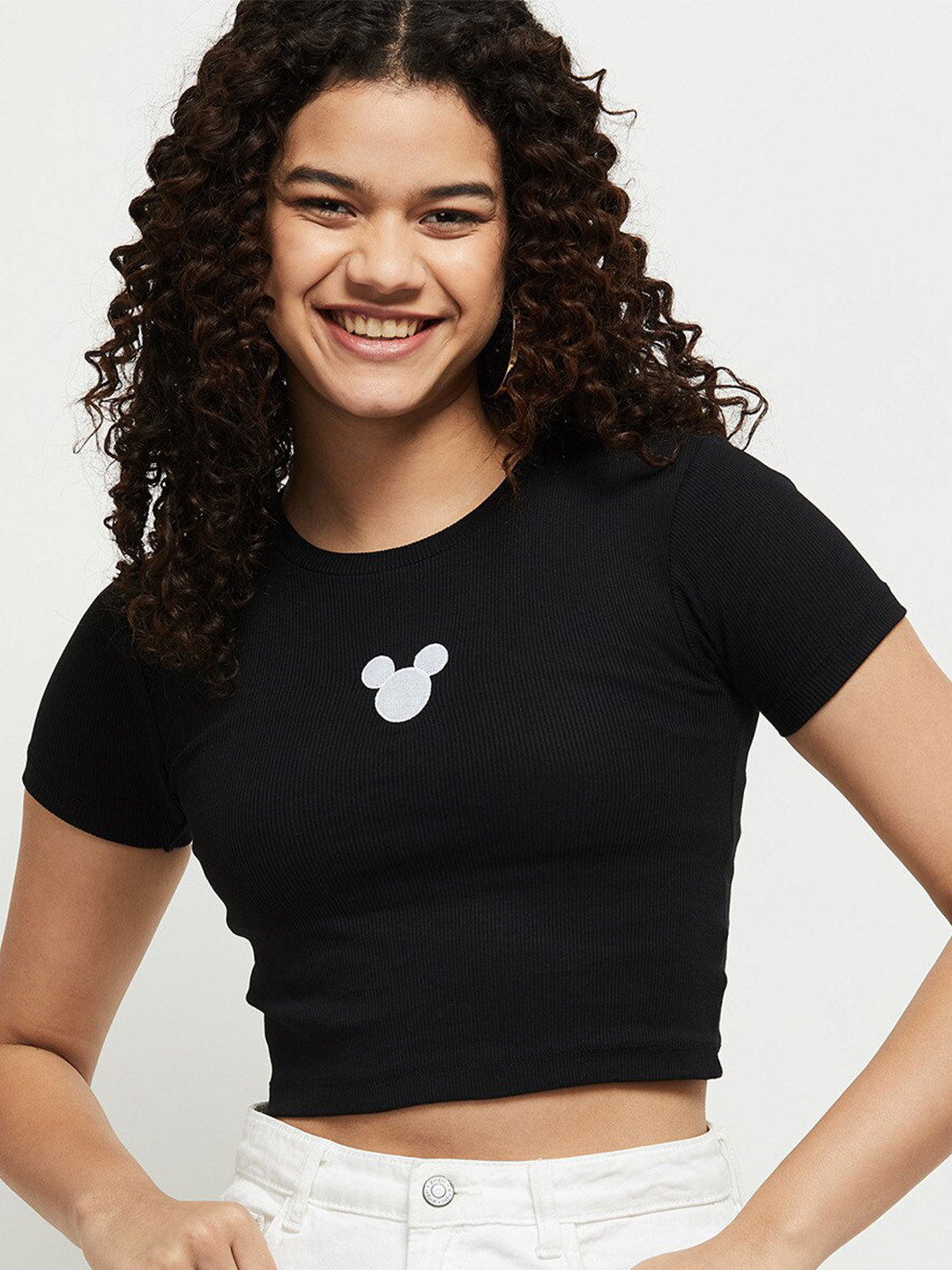 

max Women Black Printed Pure Cotton Crop T-shirt
