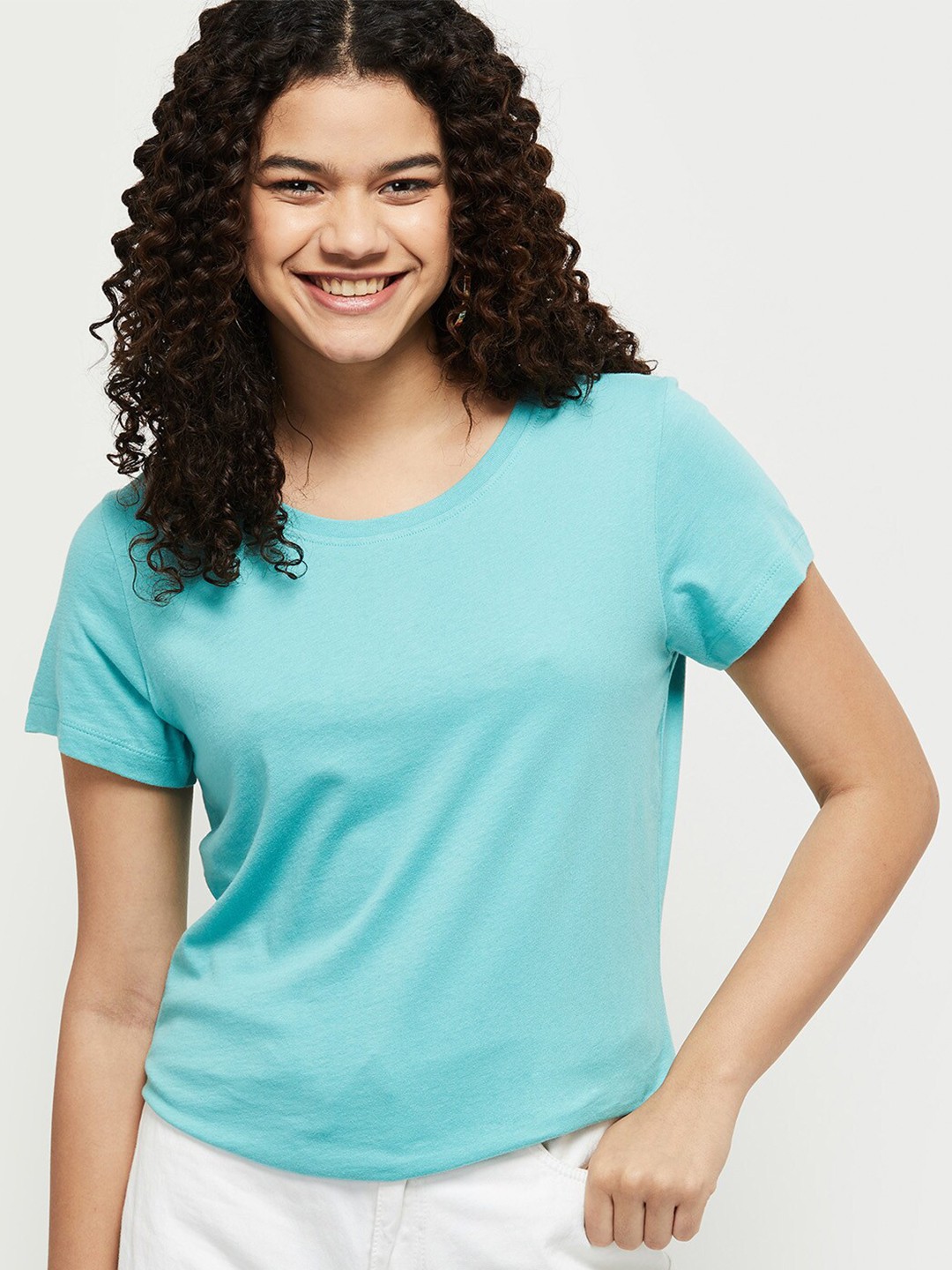 

max Women Turquoise Blue Pure Cotton T-shirt