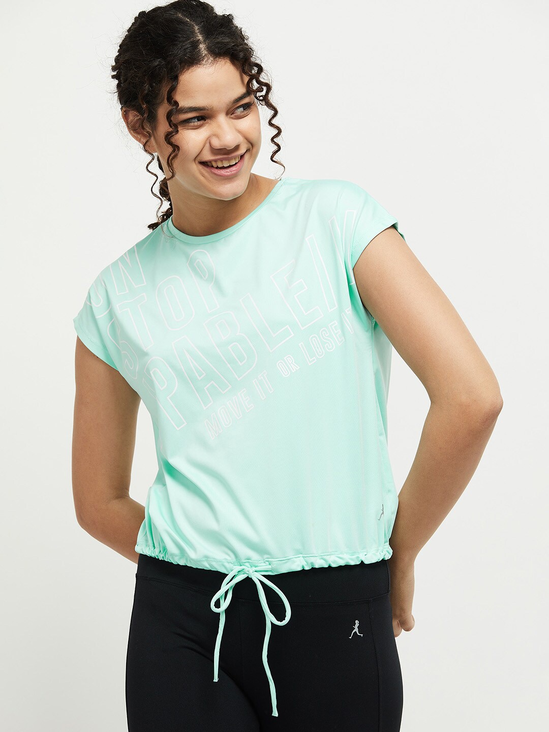 

max Women Blue Typography Printed Extended Sleeves T-shirt