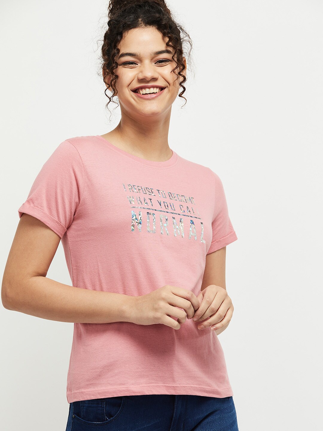 

max Women Pink Regular Fit Typography Printed Cotton T-shirt