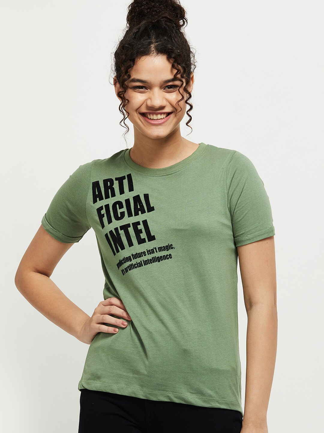 

max Women Green Typography Printed Pure Cotton T-shirt