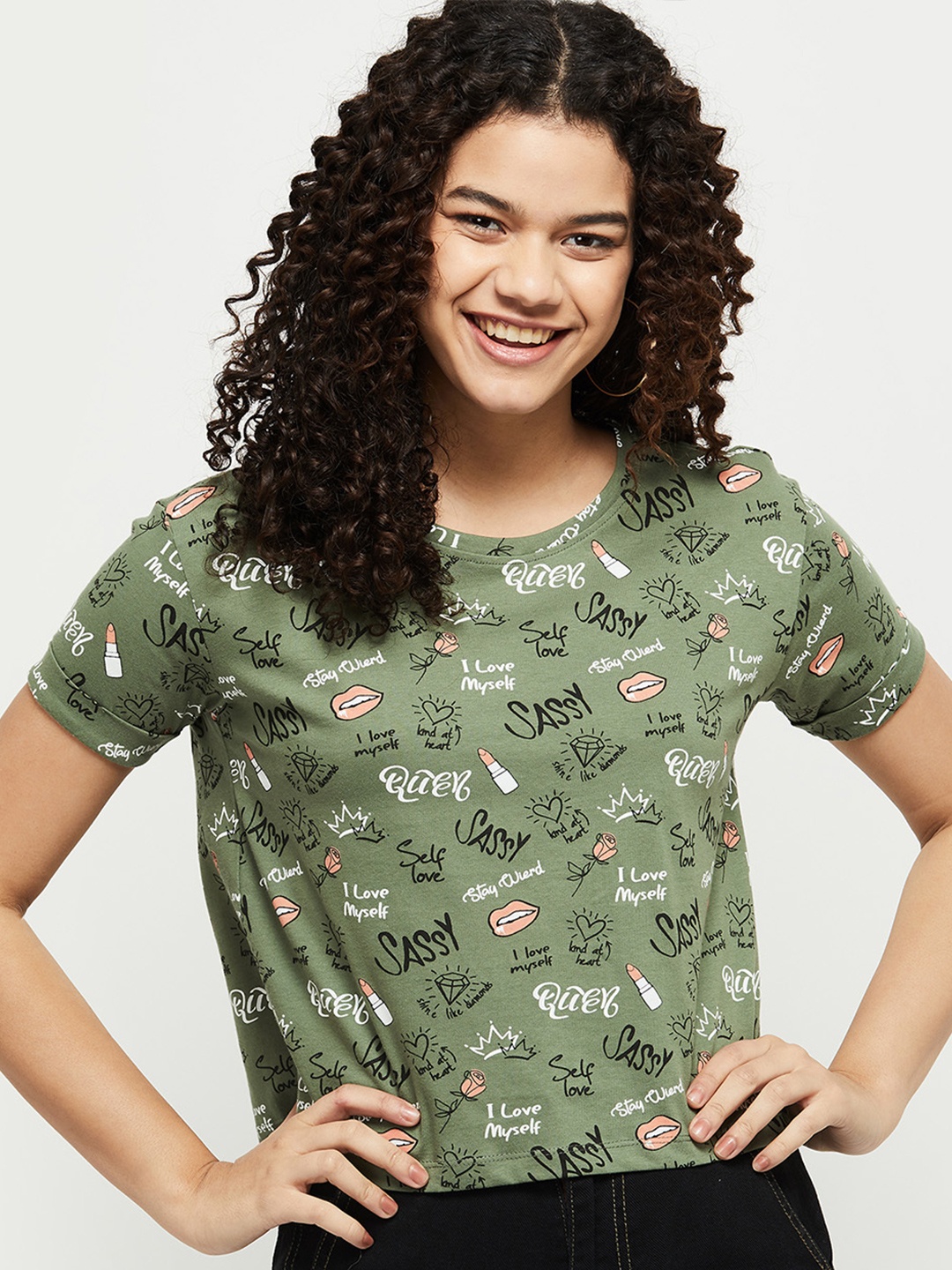 

max Women Olive Green & Black Typography Printed Pure Cotton Cropped T-shirt