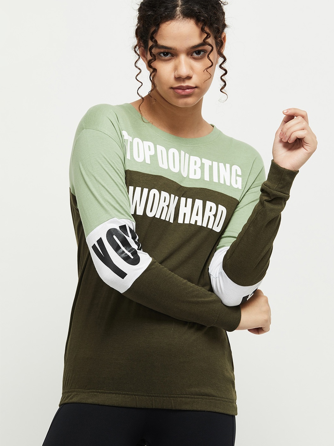 

max Women Olive Green & Sea Green Typography Printed Drop-Shoulder Sleeves T-shirt