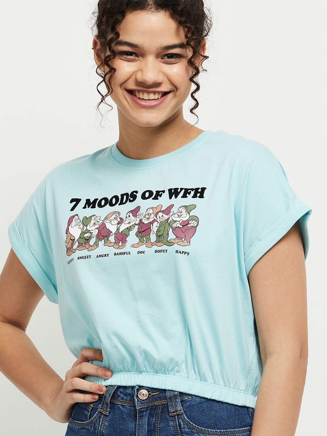 

max Women Turquoise Blue & Black Typography Printed Pure Cotton T-shirt