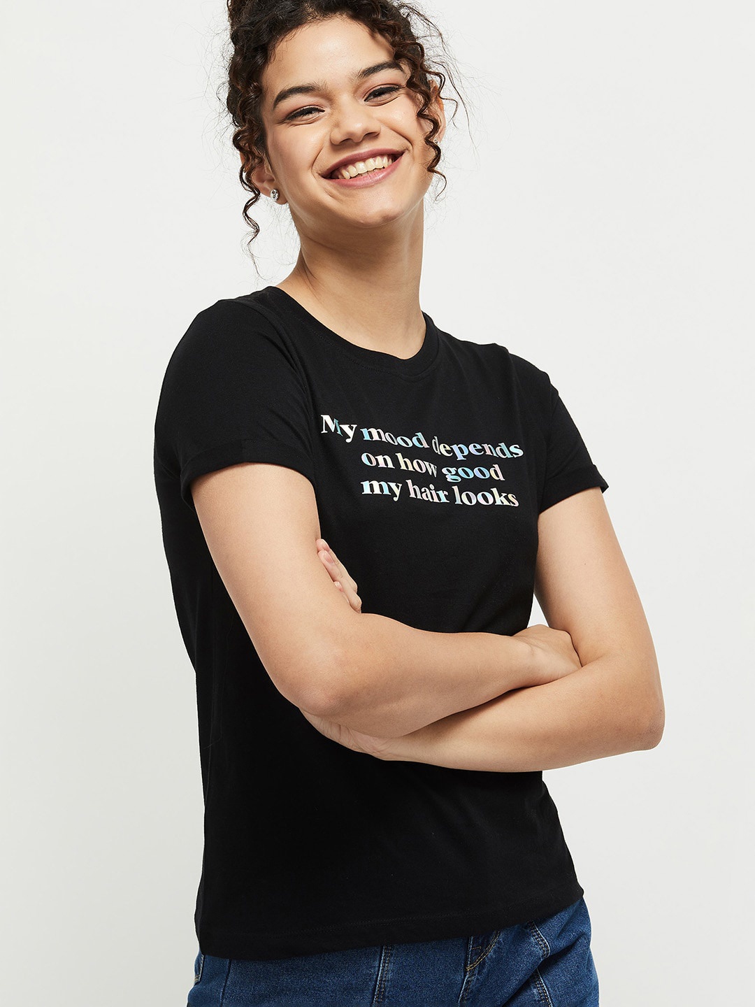 

max Women Black Typography Printed Pure Cotton T-shirt