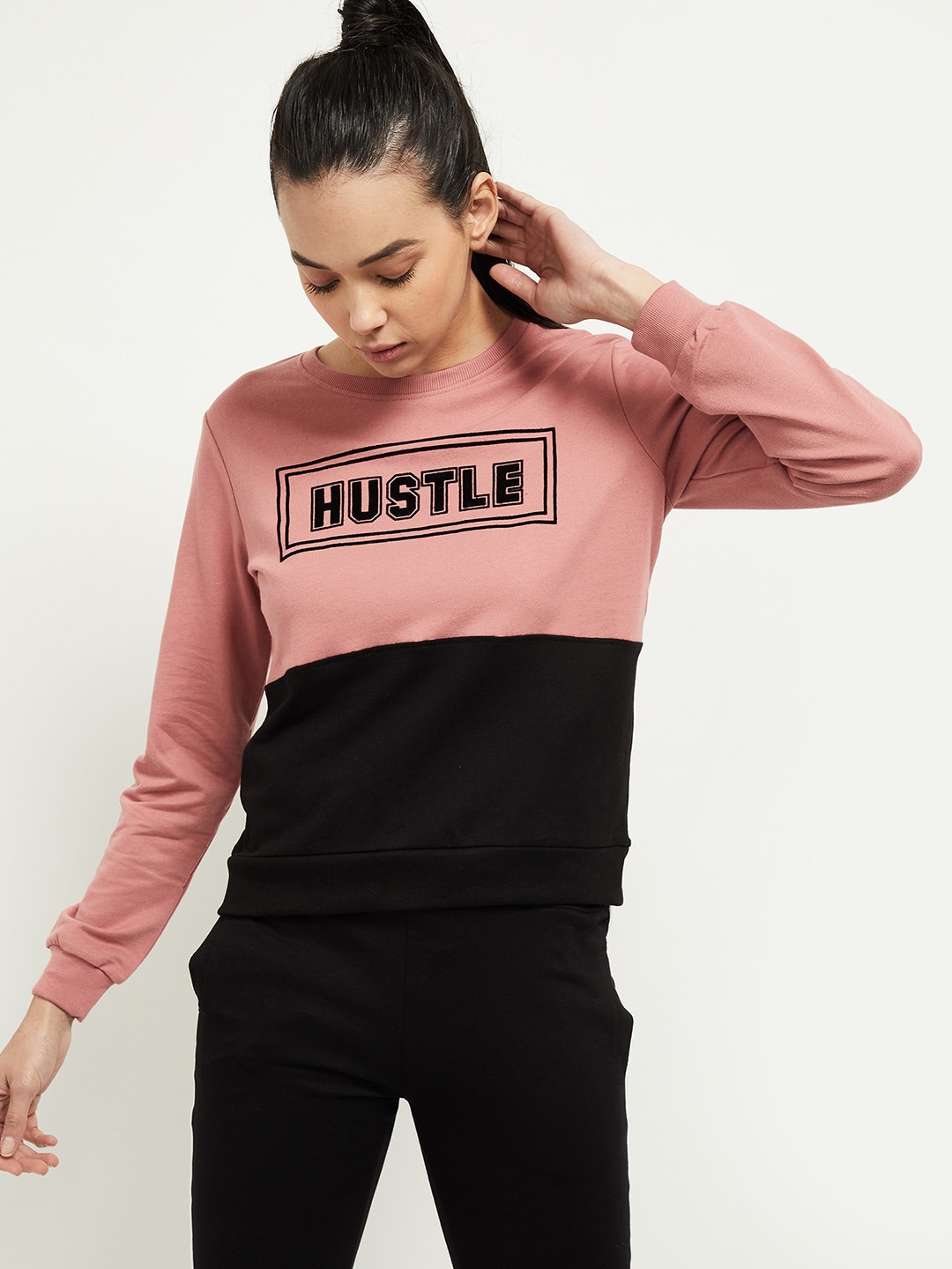 

max Women Peach-Coloured & Black Colourblocked Cotton Sweatshirt