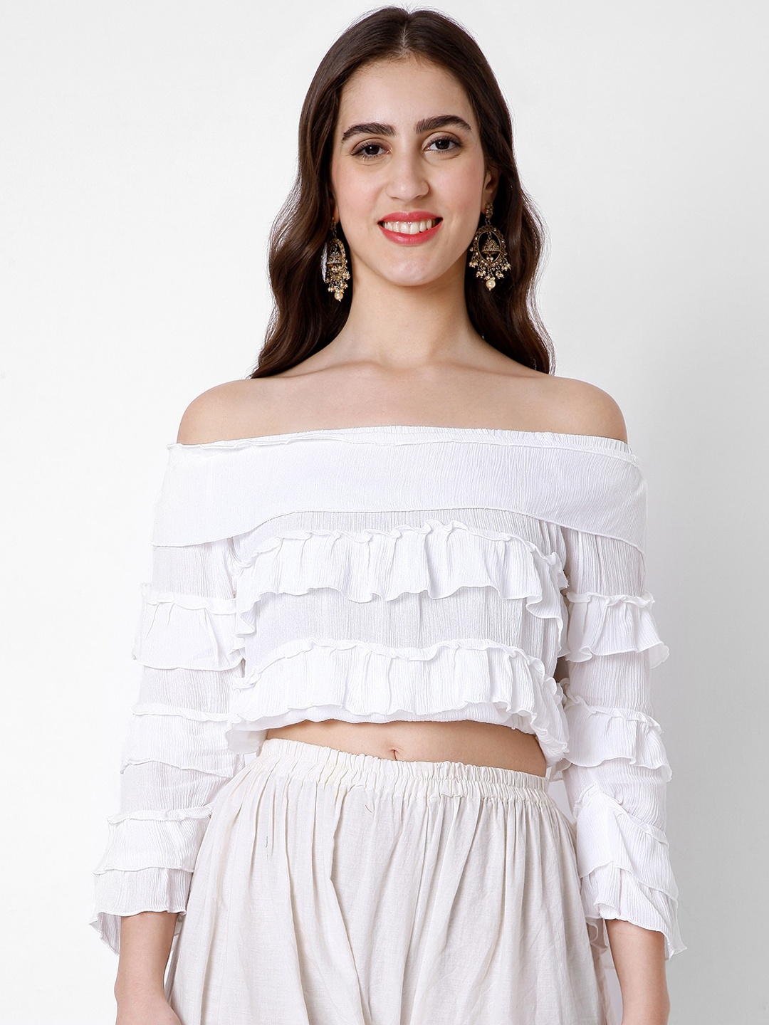 

SALWAR STUDIO White Off-Shoulder Ruffles Bardot Crop Top