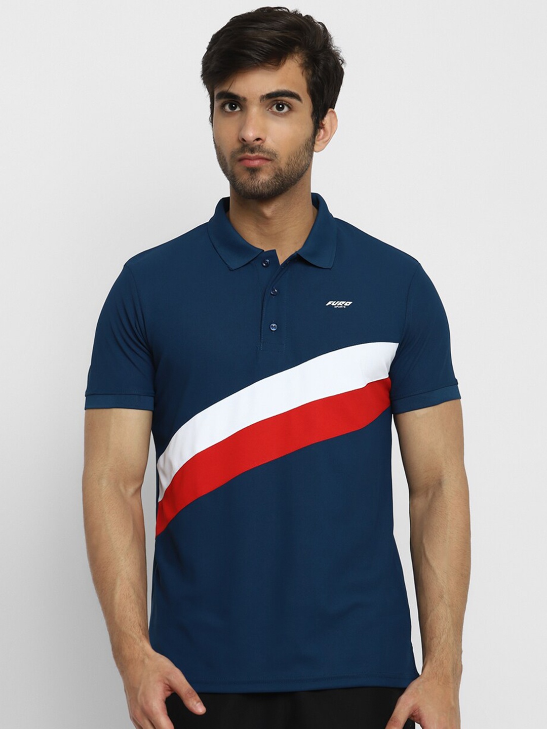 

FURO by Red Chief Men Navy Blue & White Colourblocked Striped Polo Collar T-shirt