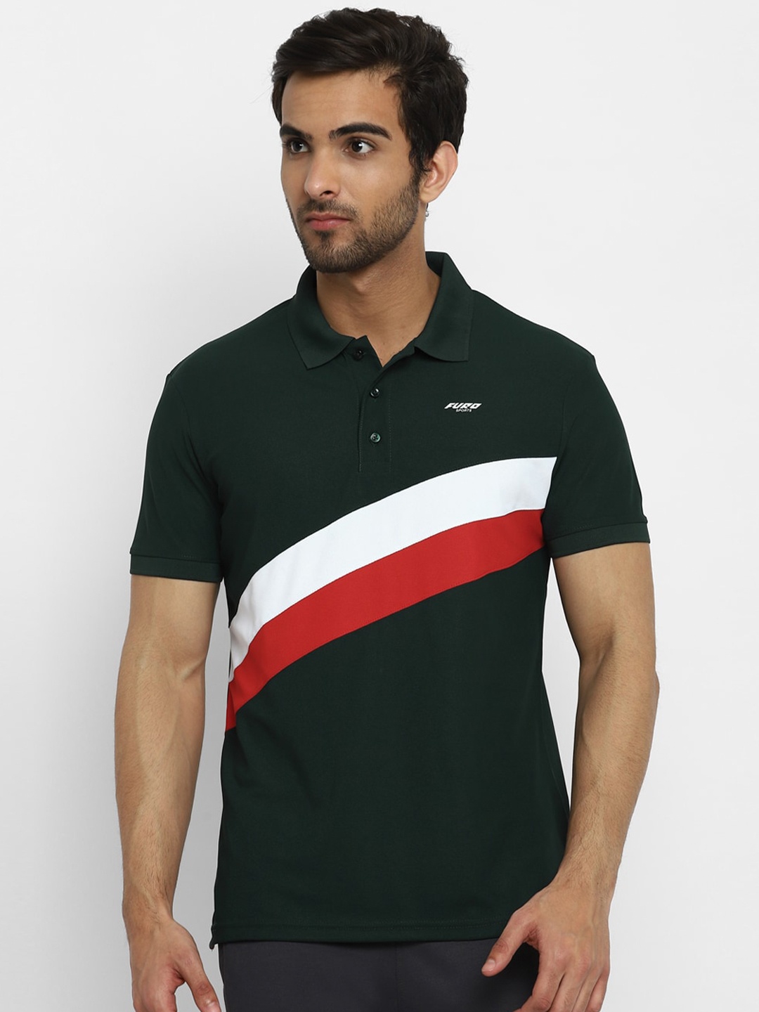 

FURO by Red Chief Men Green & White Striped Cotton Polo Collar T-shirt