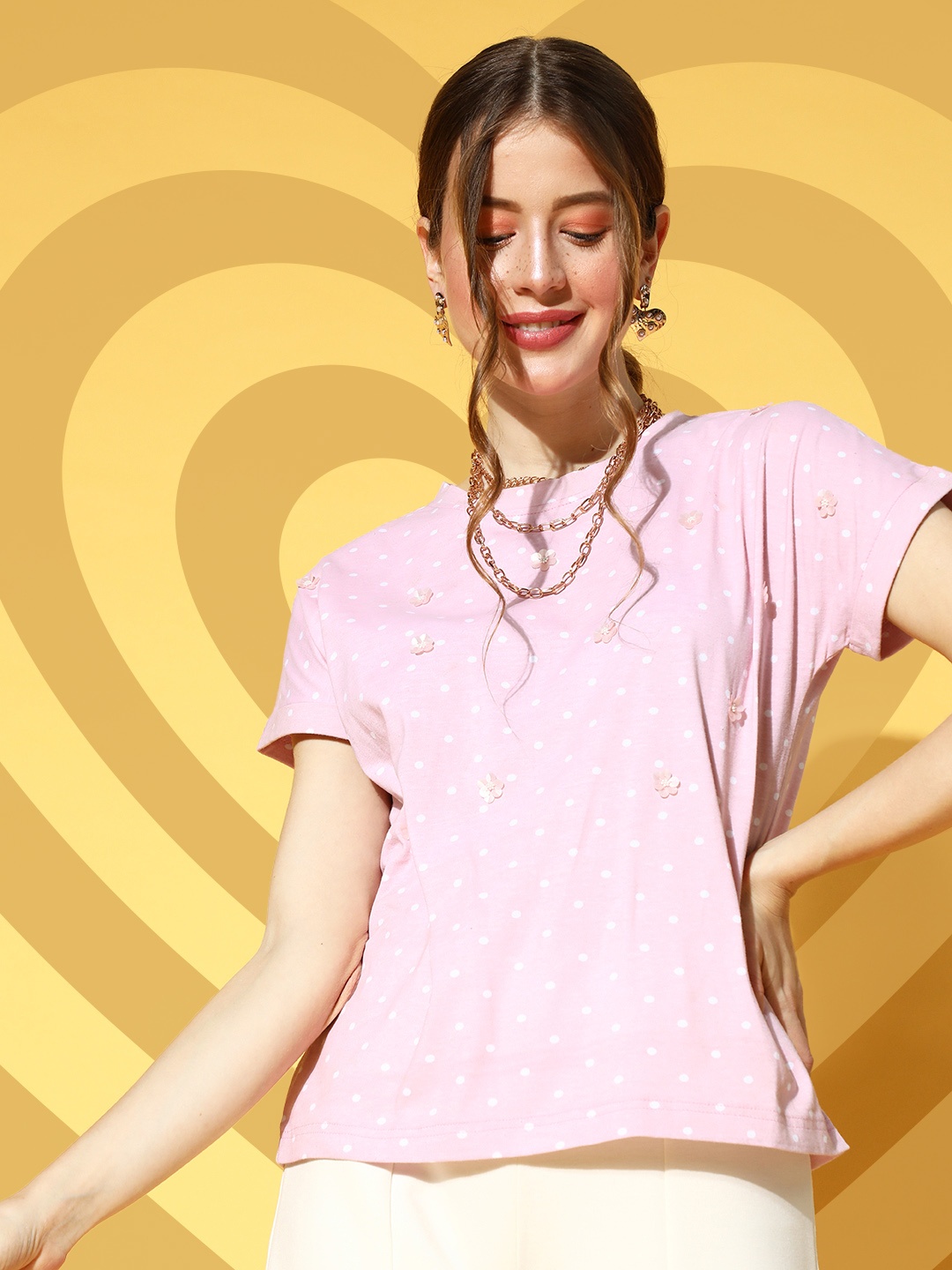 

Antheaa Women Pretty Pink Geometric Polka-Dotted Top