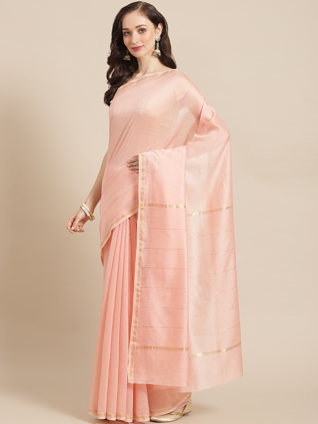 

BharatSthali Peach-Coloured Solid Chanderi Saree