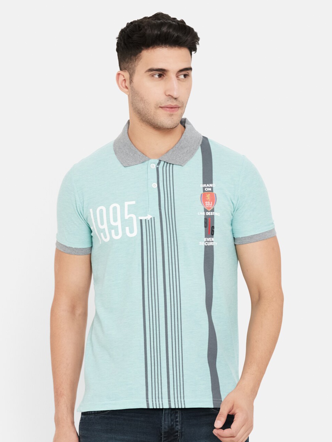 

Duke Men Blue Printed Striped Polo Collar Slim Fit Cotton T-shirt