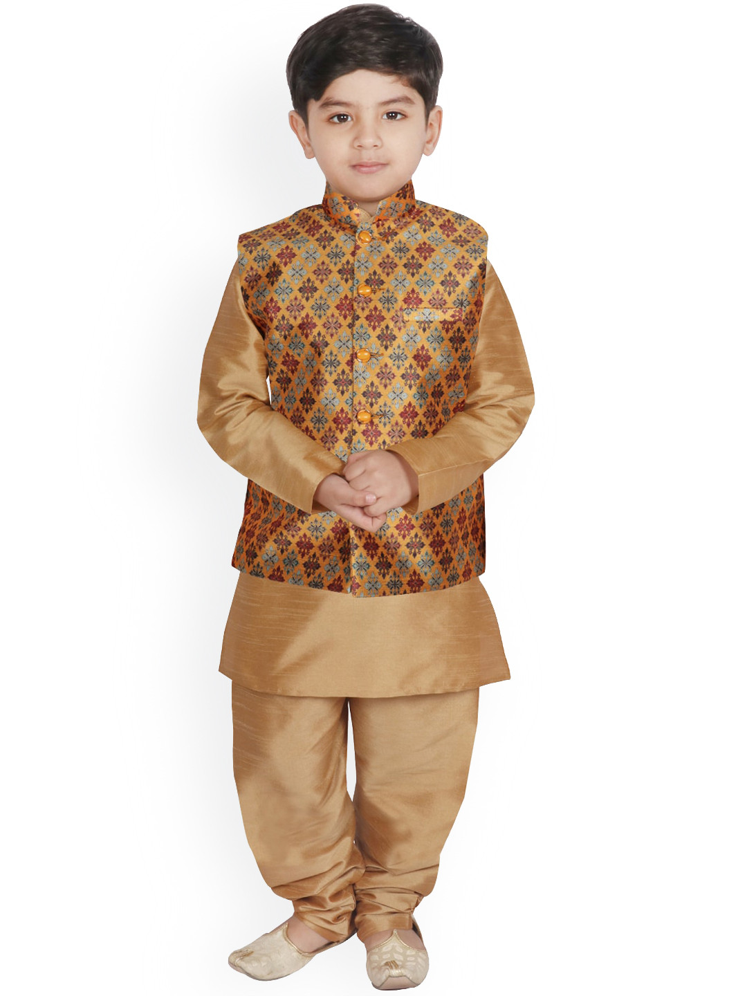 

SG YUVRAJ Boys Gold-Toned Raw Silk Kurta with Pyjamas & Nehru Jacket