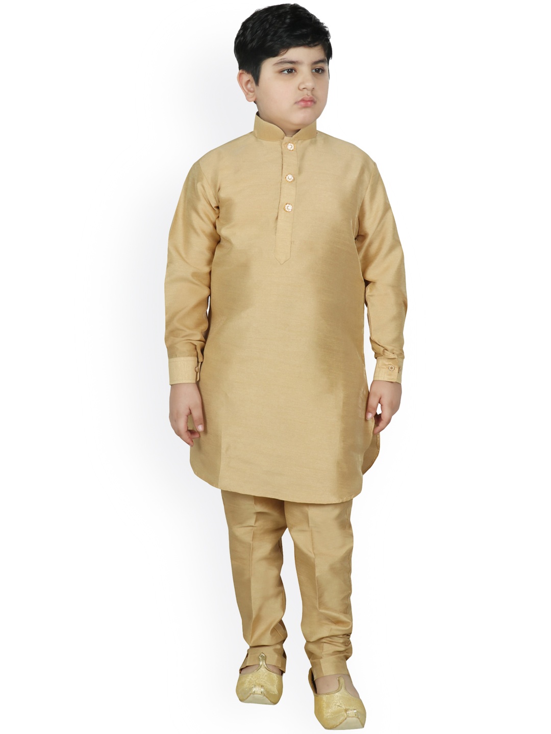 

SG YUVRAJ Boys Beige Solid Mandarin Collar Raw Silk Kurta with Churidar
