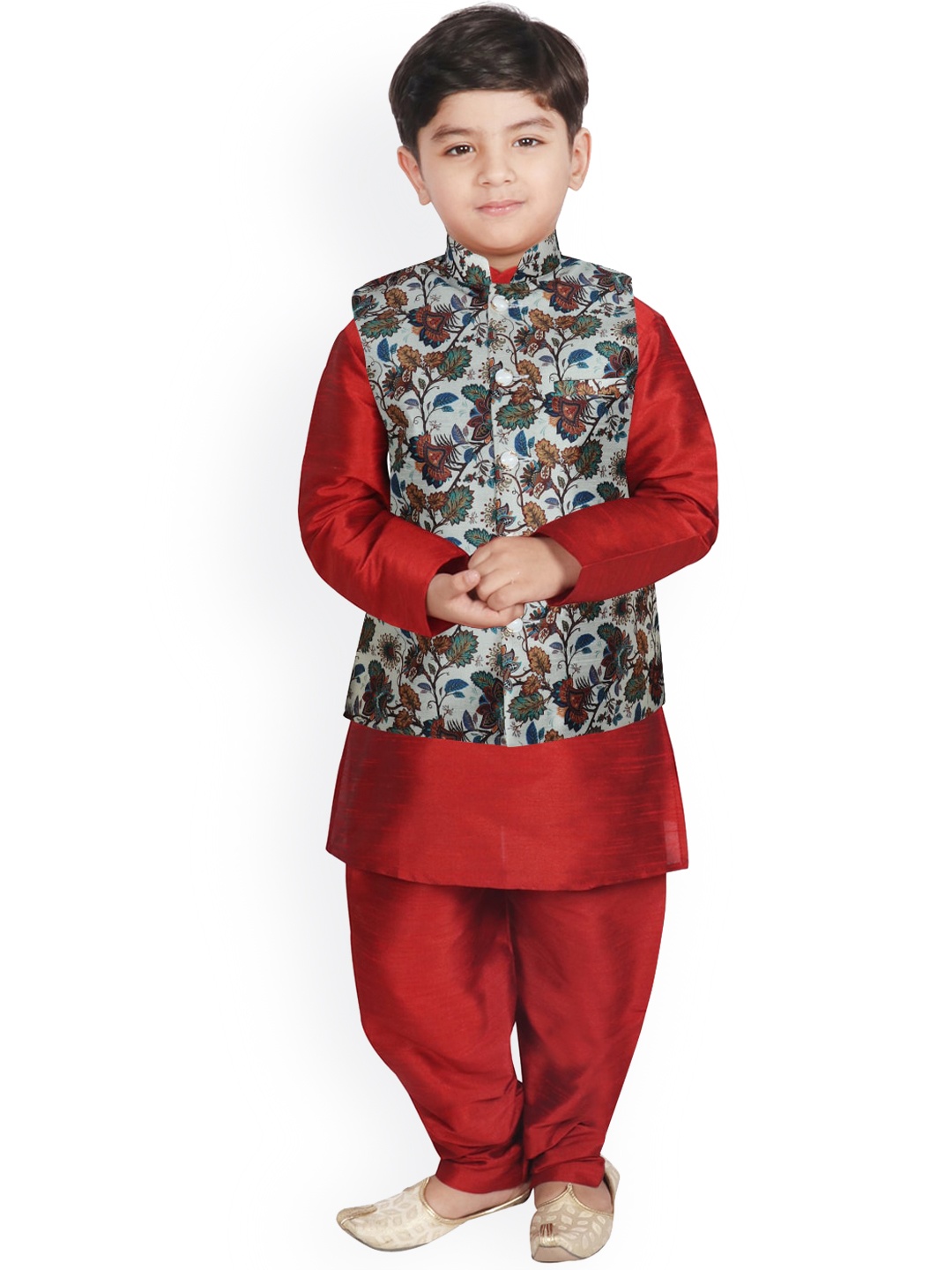 

SG YUVRAJ Boys Maroon Floral Raw Silk Kurta with Pyjamas & Nehru Jacket