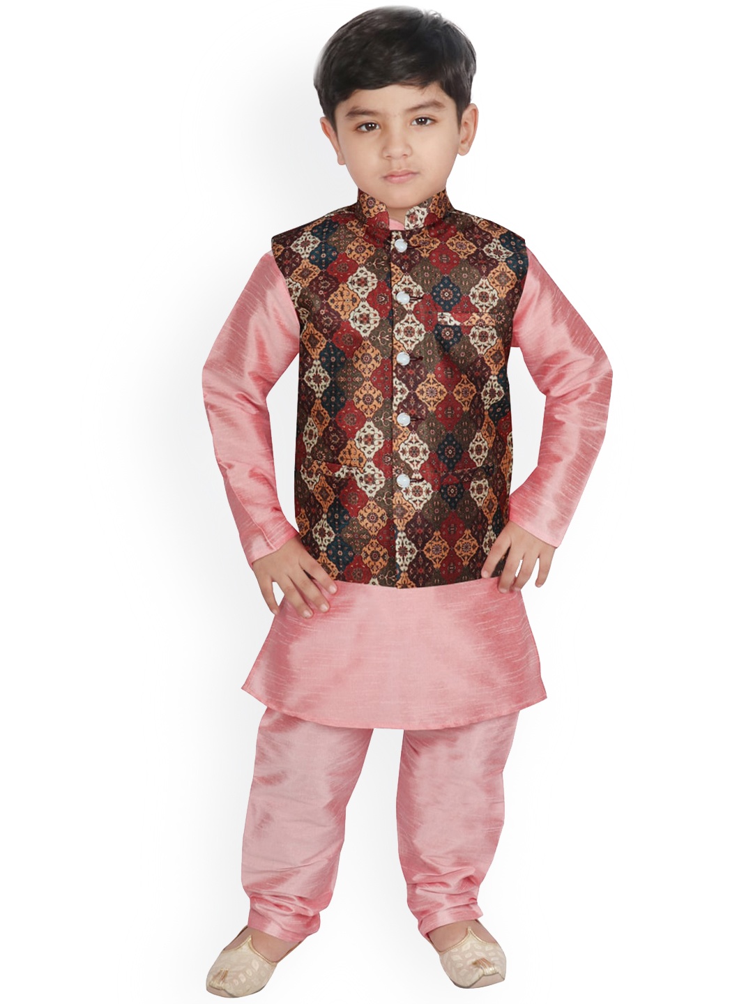 

SG YUVRAJ Boys Peach Ethnic Motifs Raw Silk Kurta with Churidar & Nehru Jacket