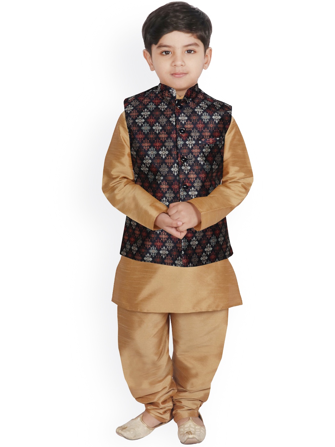 

SG YUVRAJ Boys Gold-Toned Raw Silk Kurta with Churidar & Nehru Jacket