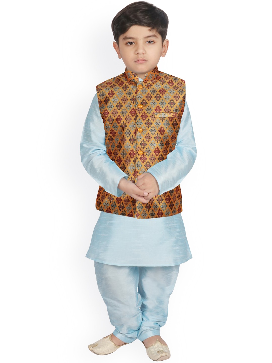 

SG YUVRAJ Boys Turquoise Blue Raw Silk Kurta with Churidar