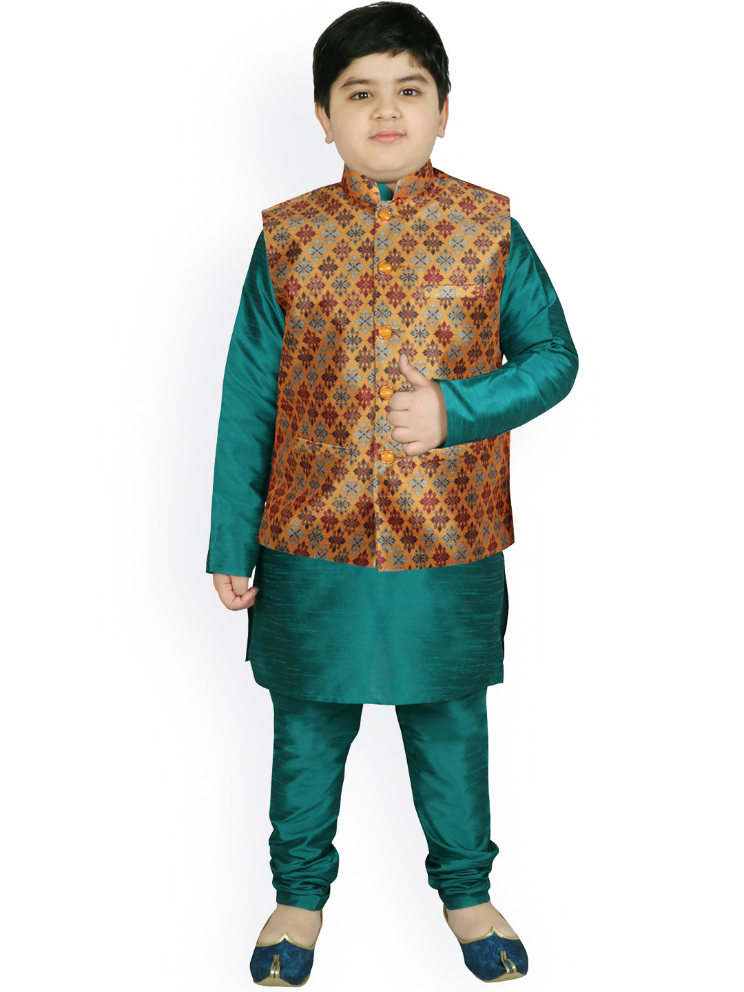 

SG YUVRAJ Boys Green Raw Silk Kurta with Churidar