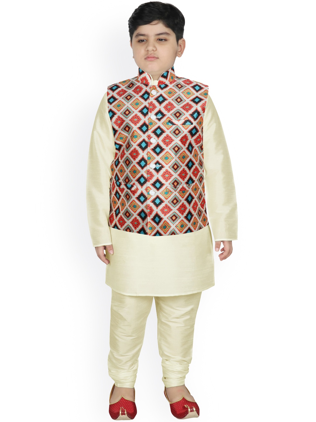 

SG YUVRAJ Boys Beige Raw Silk Kurta with Churidar & Nehru Jacket
