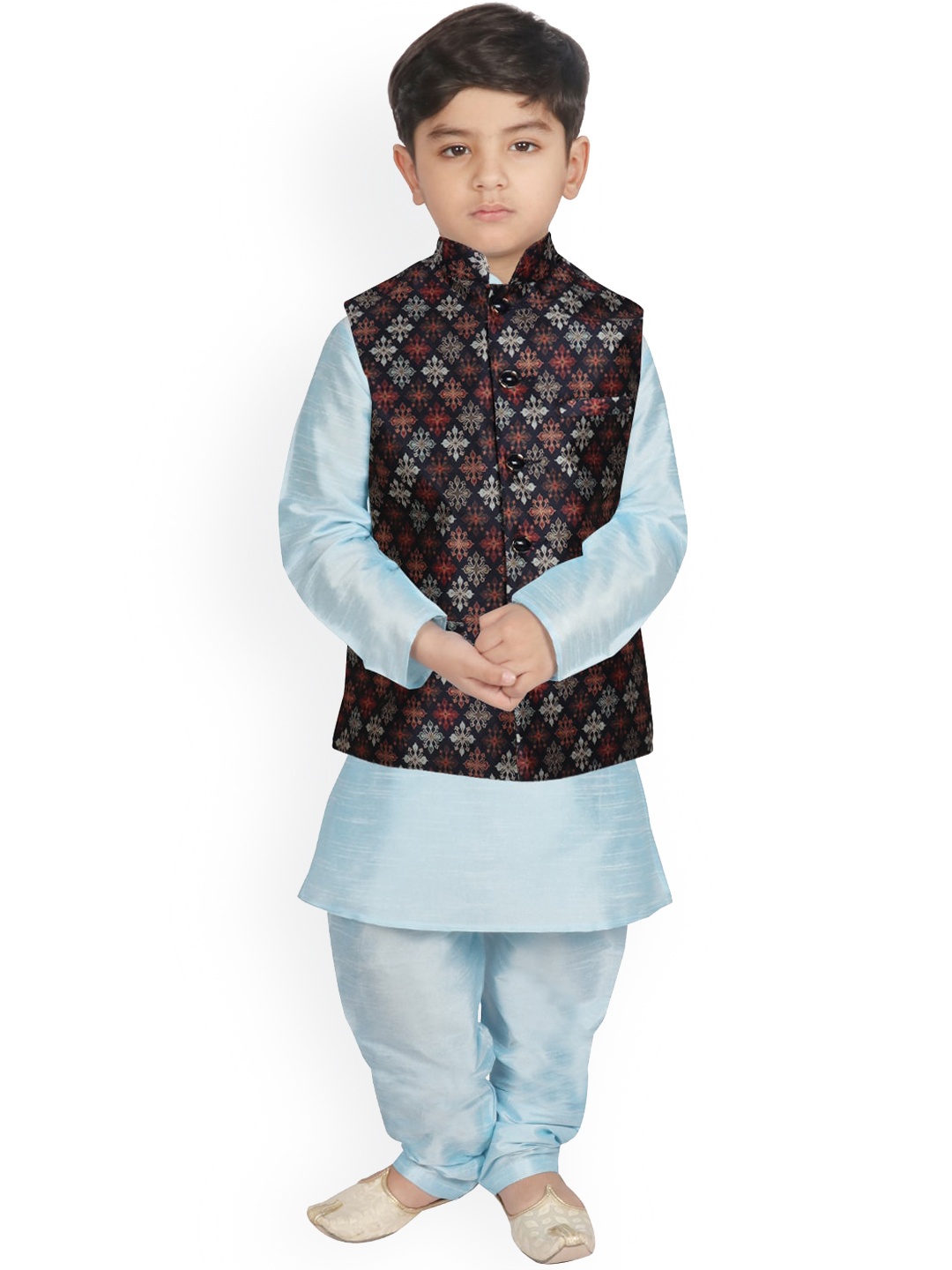 

SG YUVRAJ Boys Turquoise Blue Raw Silk Kurta with Churidar