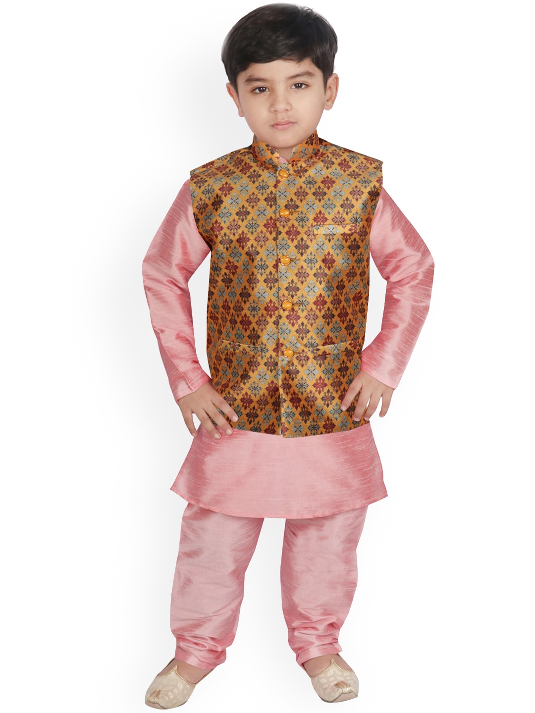 

SG YUVRAJ Boys Peach-Coloured Raw Silk Kurta with Churidar