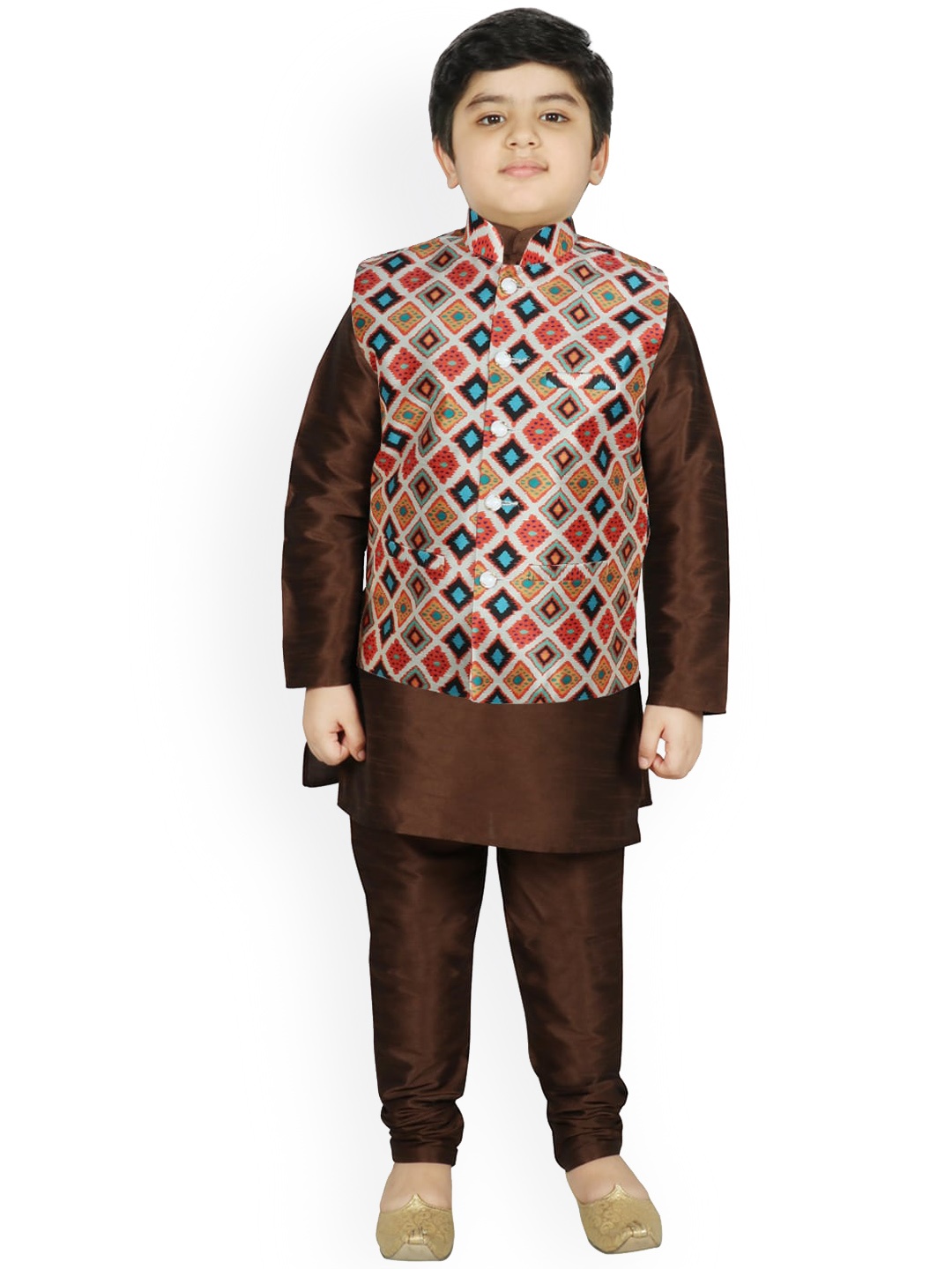 

SG YUVRAJ Boys Brown Raw Silk Kurta with Churidar & Nehru Jacket