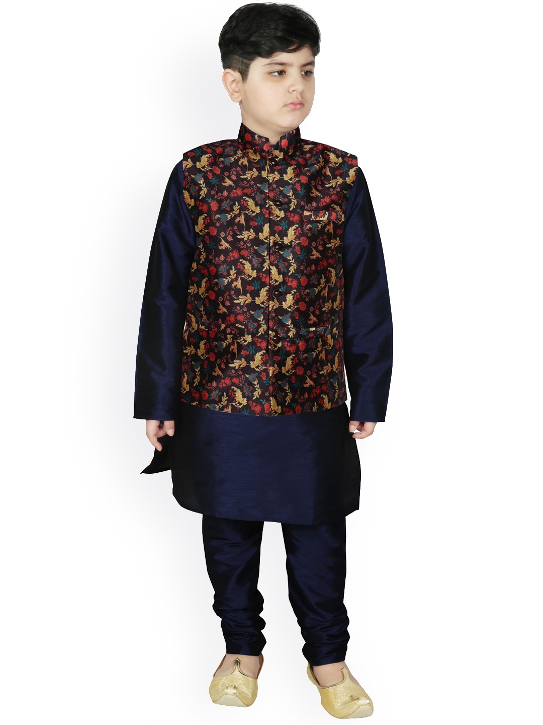 

SG YUVRAJ Boys Navy Blue Floral Raw Silk Kurta with Churidar & Nehru Jacket