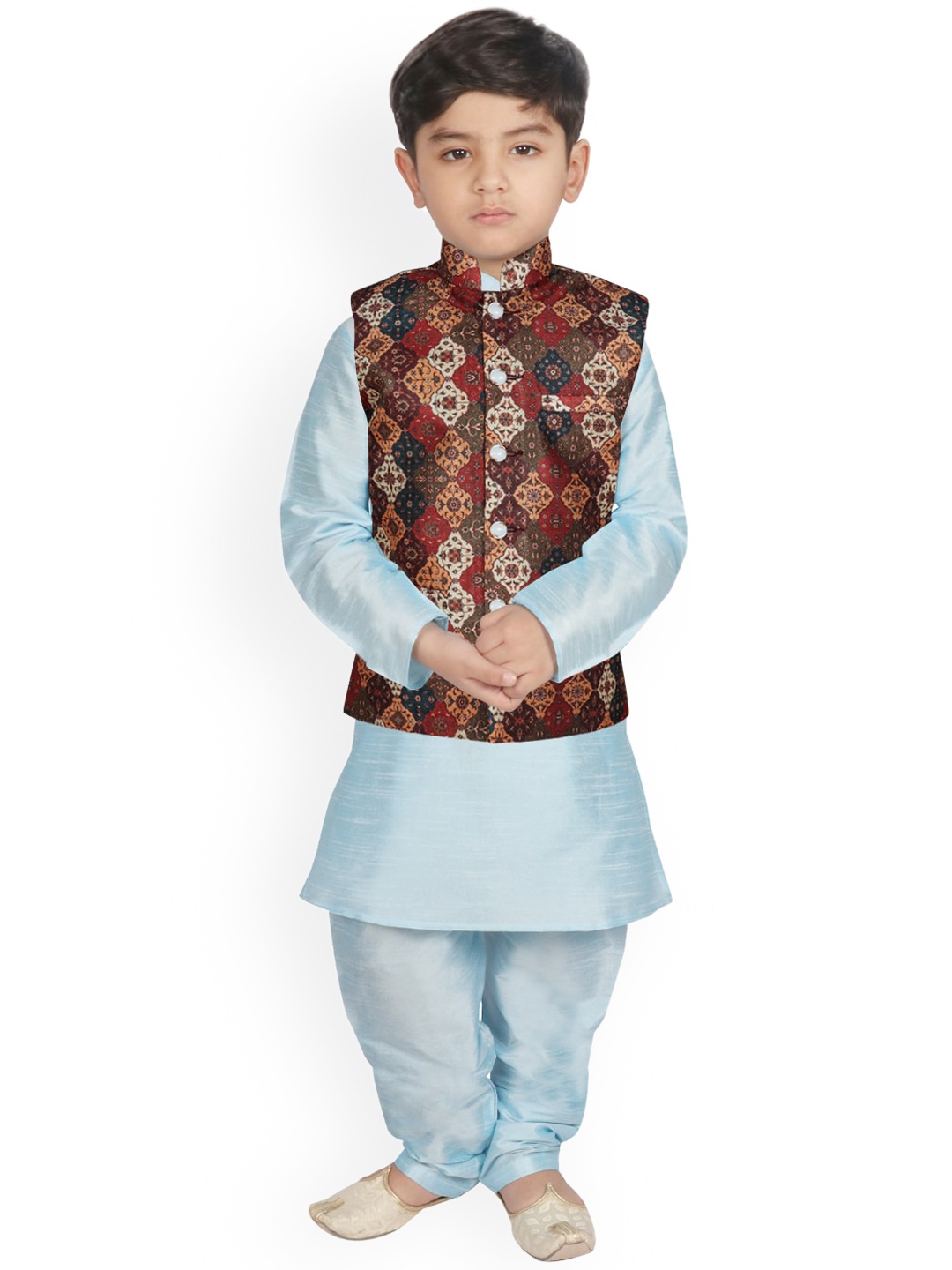 

SG YUVRAJ Boys Turquoise Blue Raw Silk Kurta with Churidar