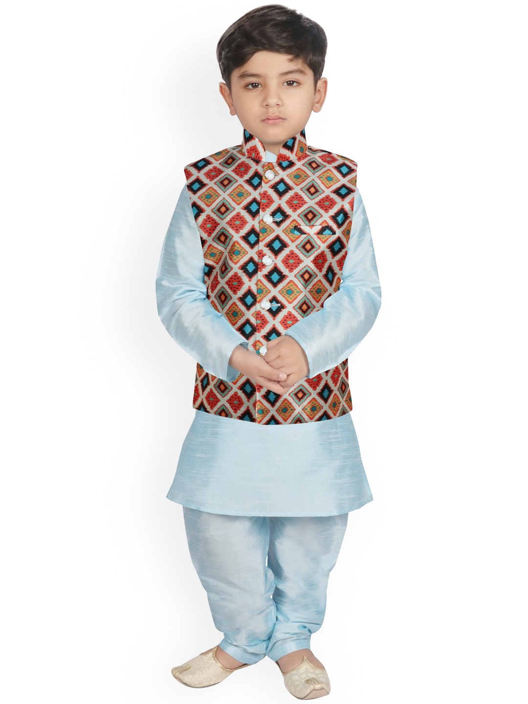 

SG YUVRAJ Boys Turquoise Blue Raw Silk Kurta with Churidar